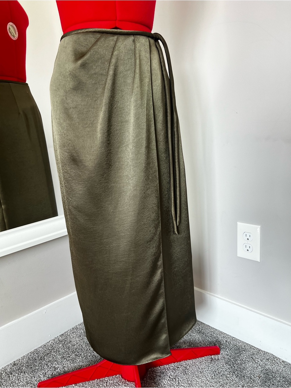 ANTONIO MELANI Olive Satin-Look Wrap Maxi Skirt with Side Tie